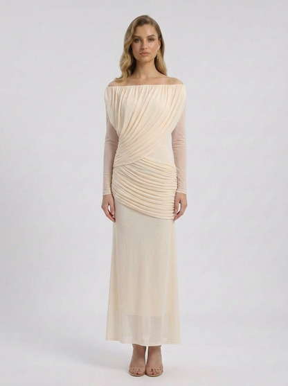 Crystal | Women's Off Shoulder Ruched Long Sleeve Maxi Wedding Guest Dress