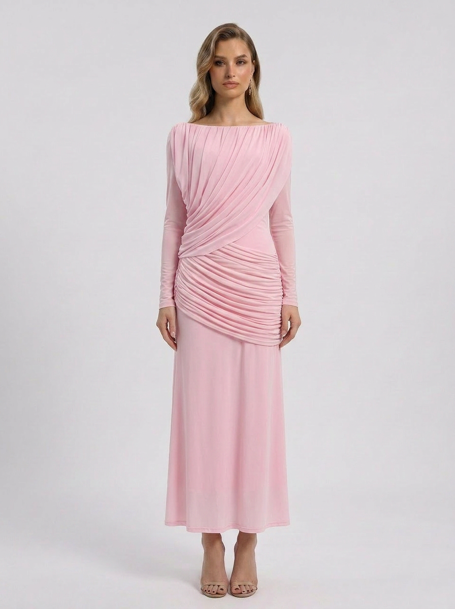Crystal | Women's Off Shoulder Ruched Long Sleeve Maxi Wedding Guest Dress