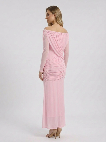 Crystal | Women's Off Shoulder Ruched Long Sleeve Maxi Wedding Guest Dress