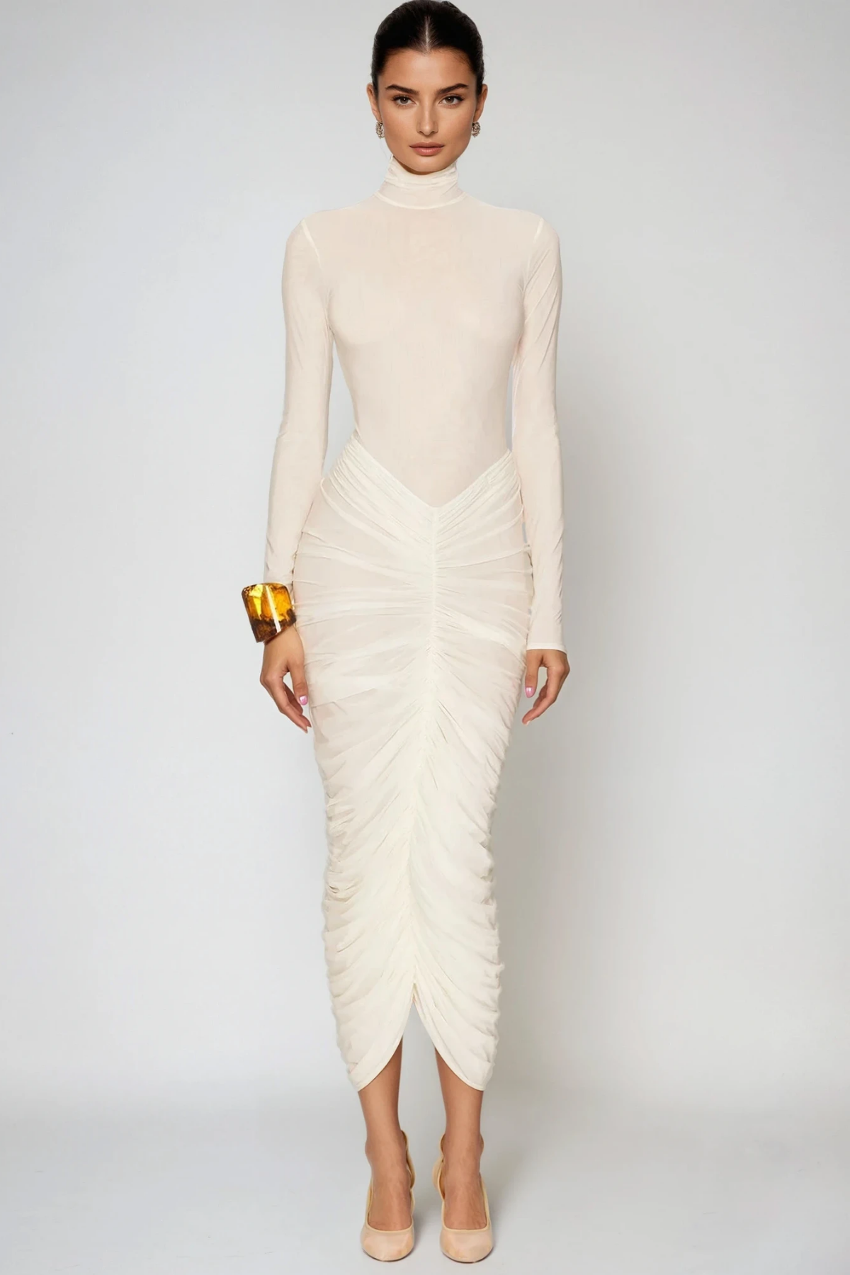 Dahlia | Women's High-Neck Ruched Midi Bodycon Dress