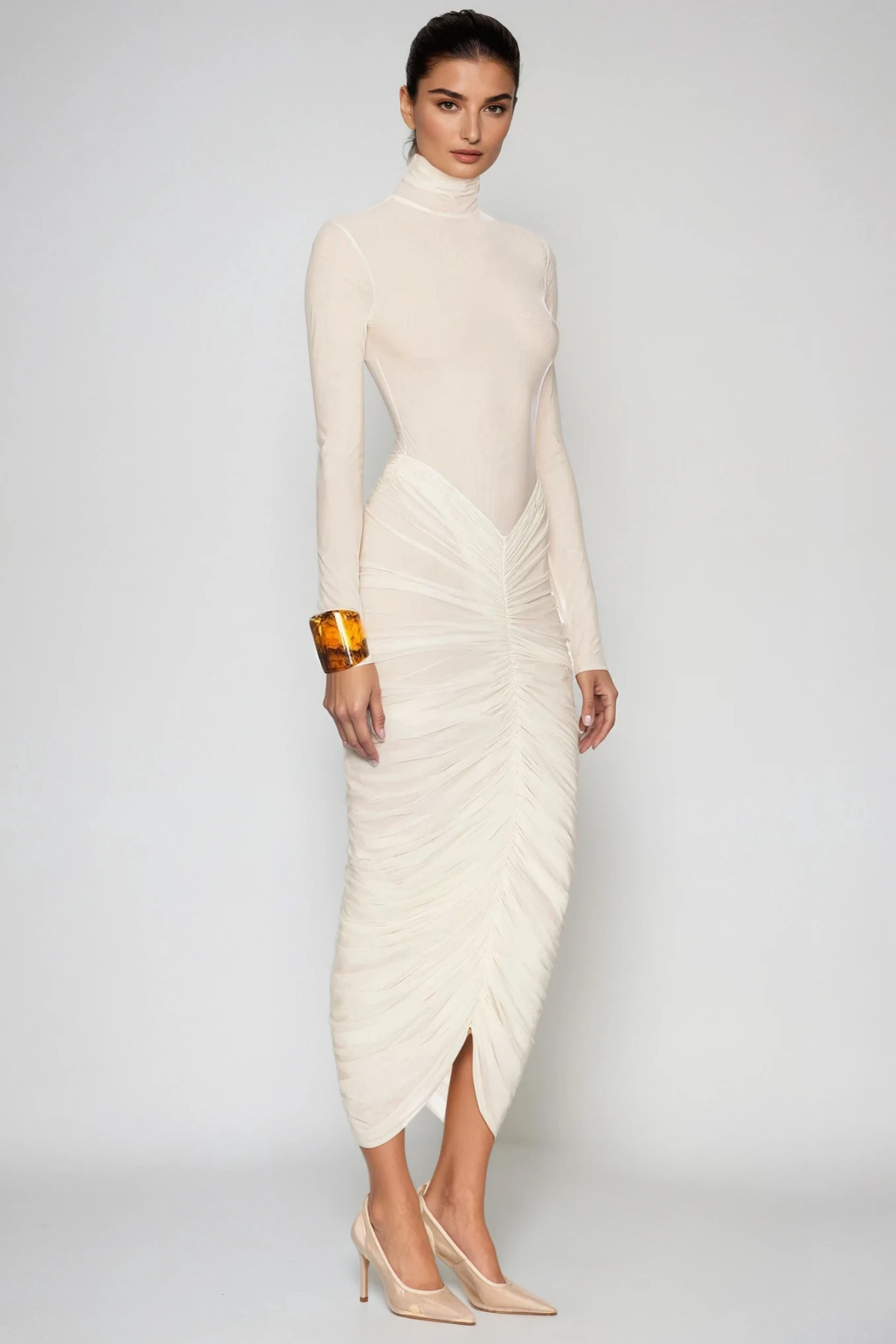 Dahlia | Women's High-Neck Ruched Midi Bodycon Dress