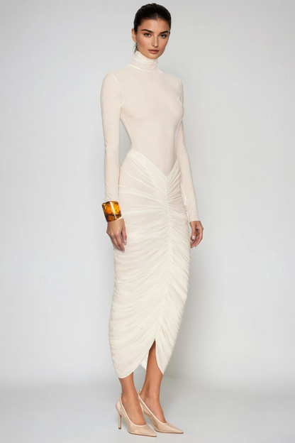 Dahlia | Women's High-Neck Ruched Midi Bodycon Dress