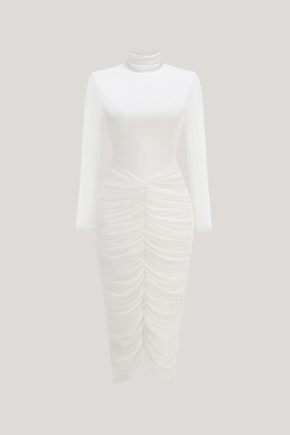 Dahlia | Women's High-Neck Ruched Midi Bodycon Dress