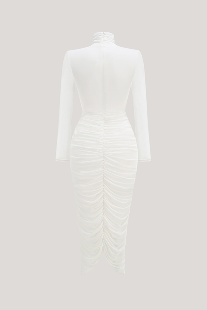 Dahlia | Women's High-Neck Ruched Midi Bodycon Dress