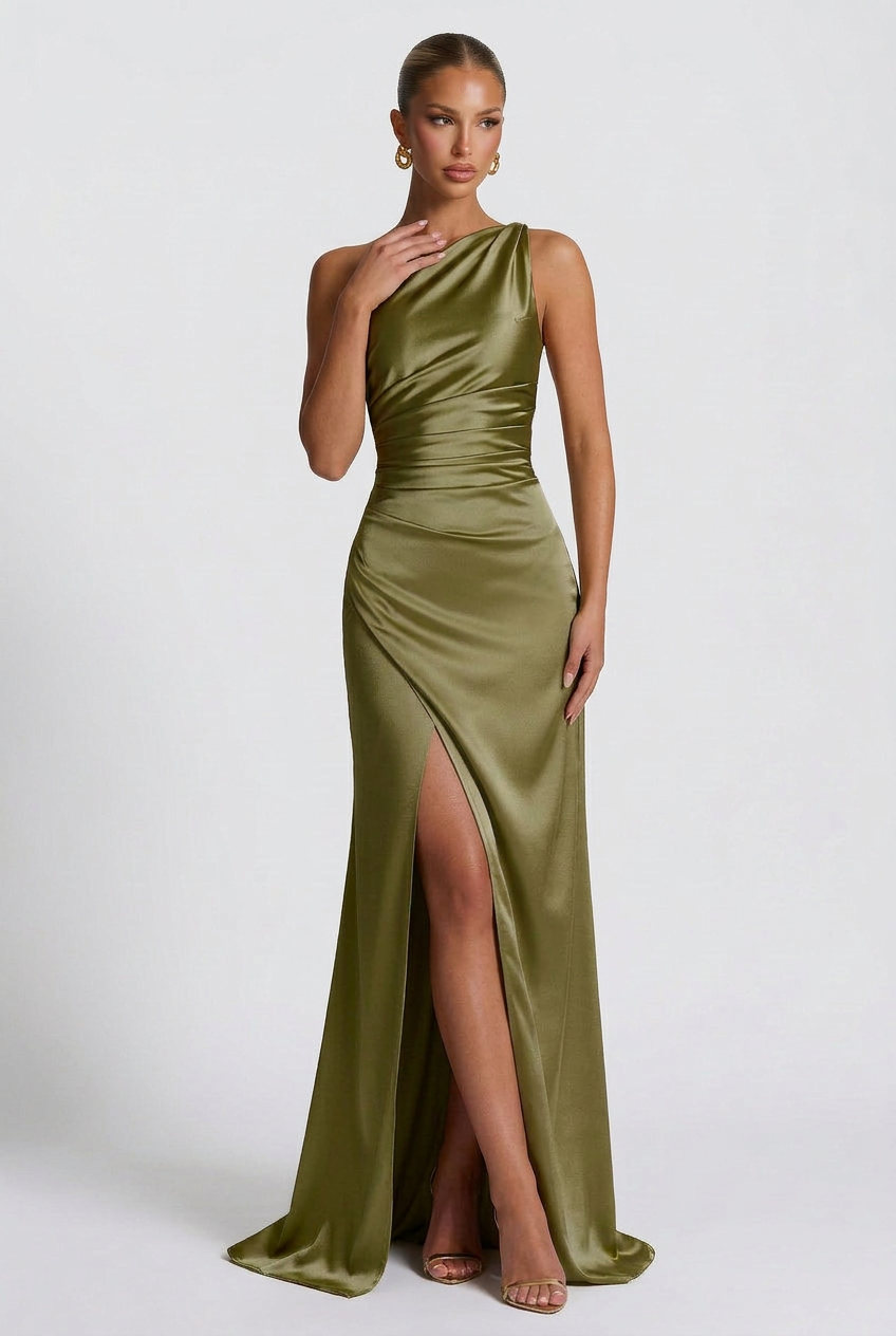 Daphne | Women's One-Shoulder Satin Maxi Prom Dress with Split