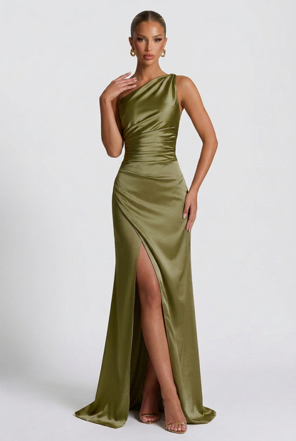 Daphne | Women's One-Shoulder Satin Maxi Prom Dress with Split
