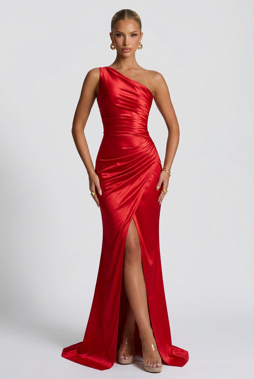 Daphne | Women's One-Shoulder Satin Maxi Prom Dress with Split