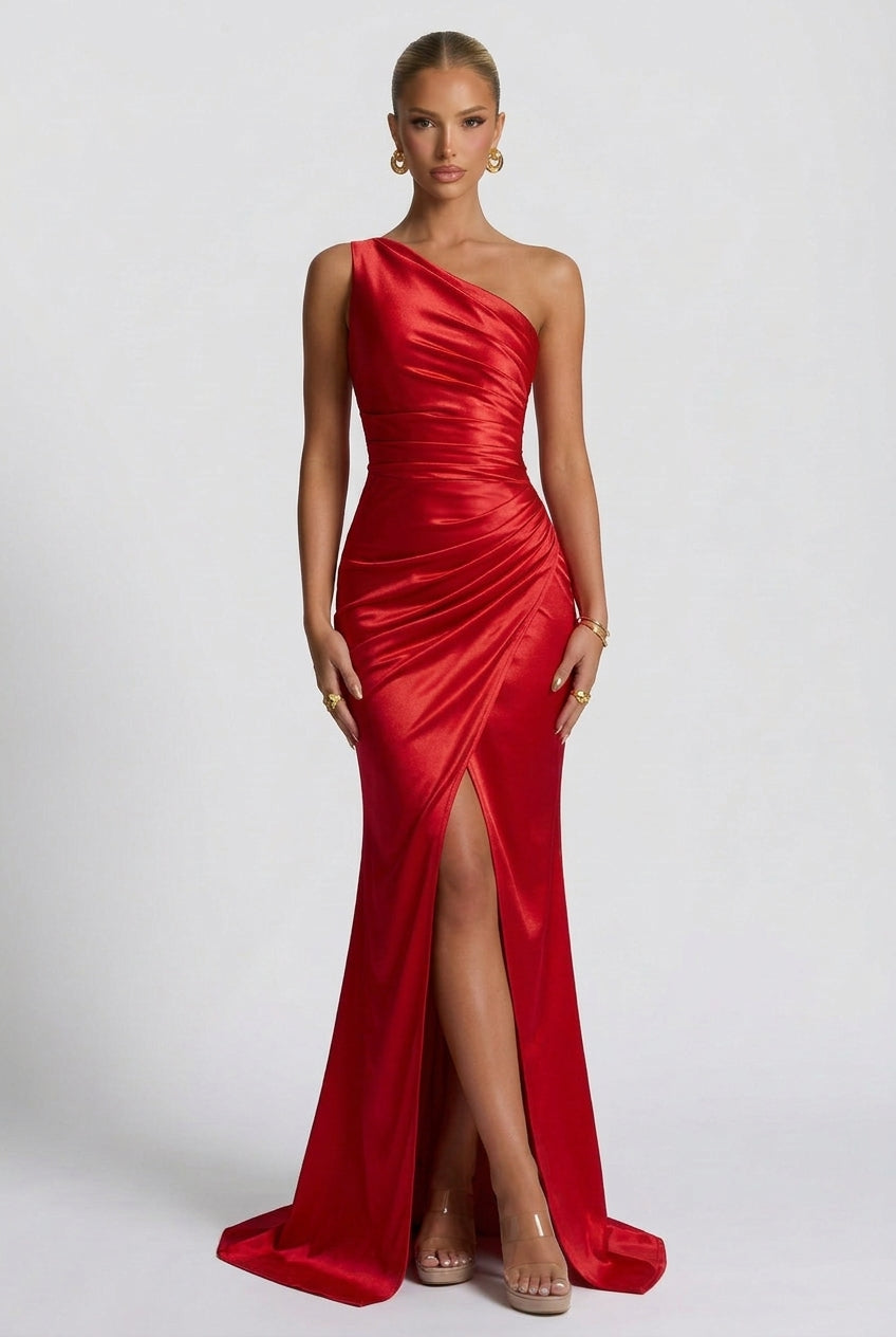 Daphne | Women's One-Shoulder Satin Maxi Prom Dress with Split