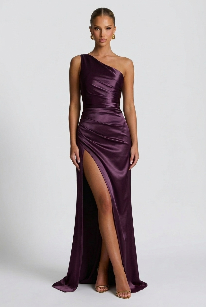 Daphne | Women's One-Shoulder Satin Maxi Prom Dress with Split