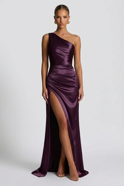 Daphne | Women's One-Shoulder Satin Maxi Prom Dress with Split