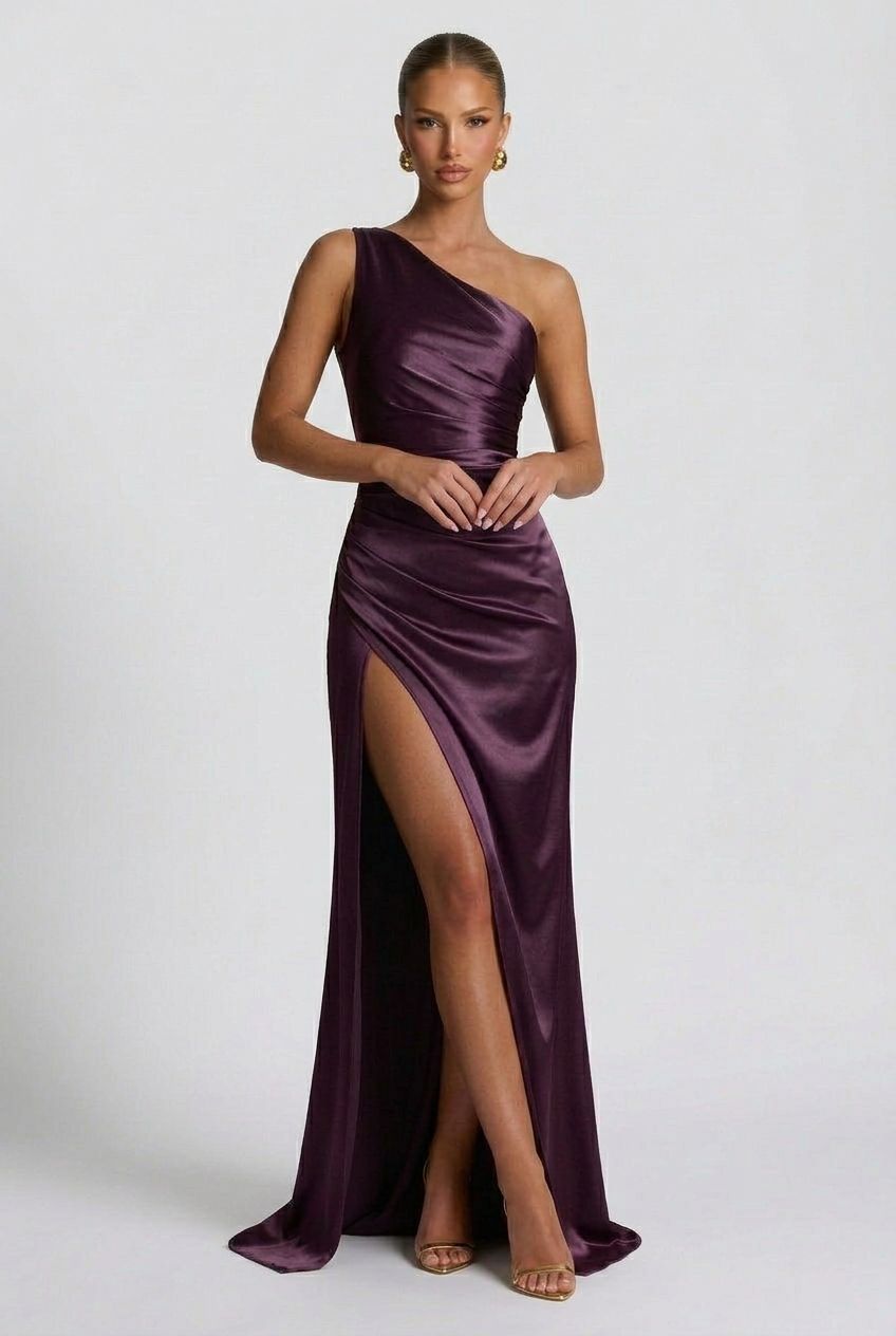 Daphne | Women's One-Shoulder Satin Maxi Prom Dress with Split