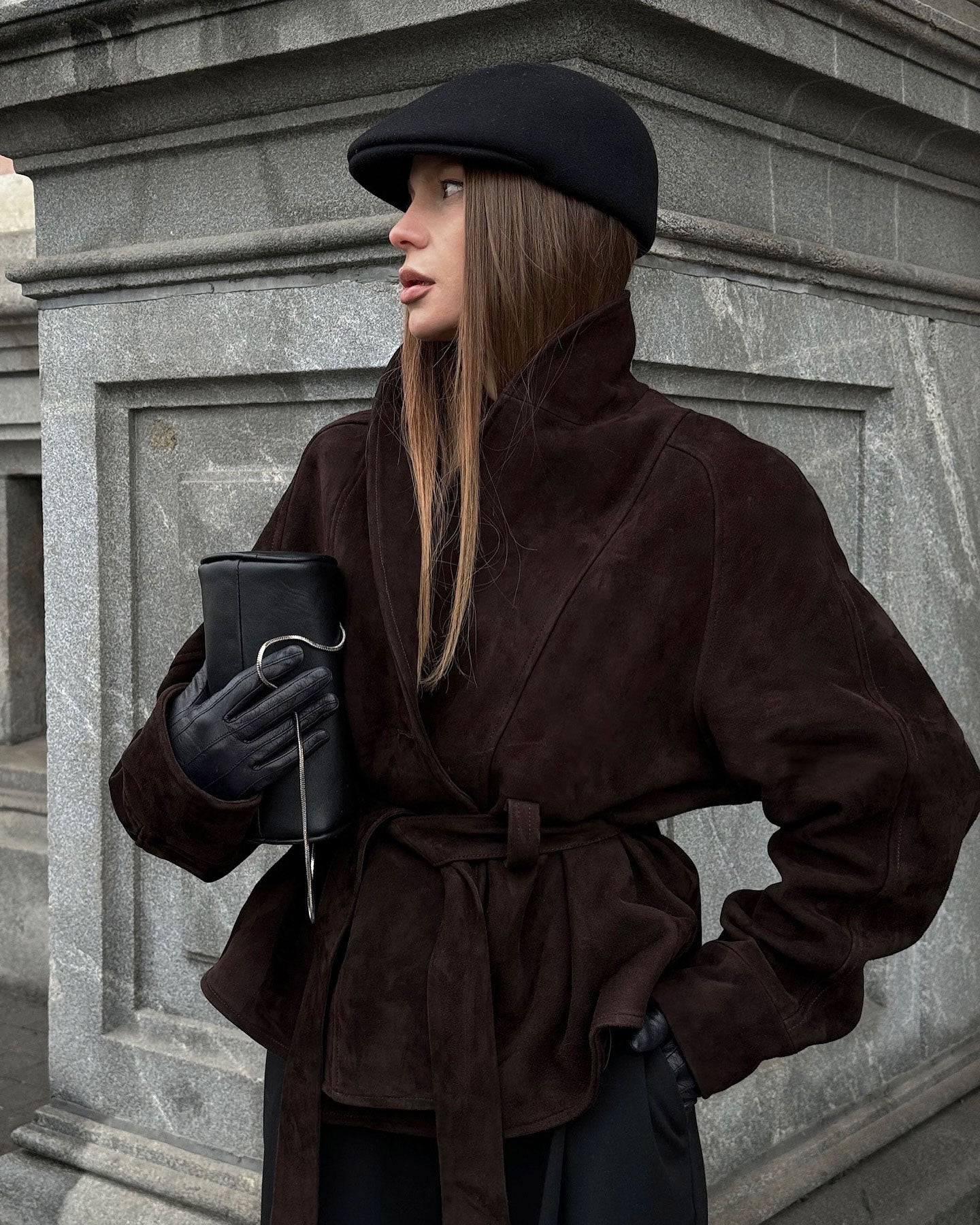 Deborah | Women's Belted Shawl Collar Faux Suede Trench Coat Jacket