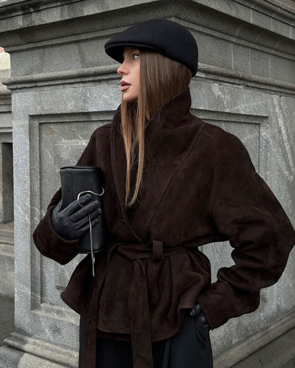 Deborah | Women's Belted Shawl Collar Faux Suede Trench Coat Jacket