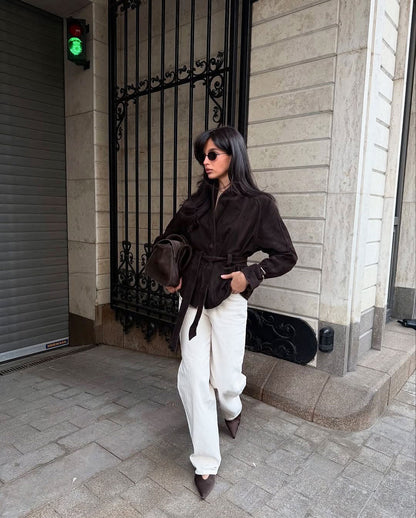 Deborah | Women's Belted Shawl Collar Faux Suede Trench Coat Jacket