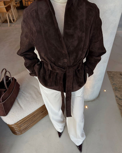 Deborah | Women's Belted Shawl Collar Faux Suede Trench Coat Jacket