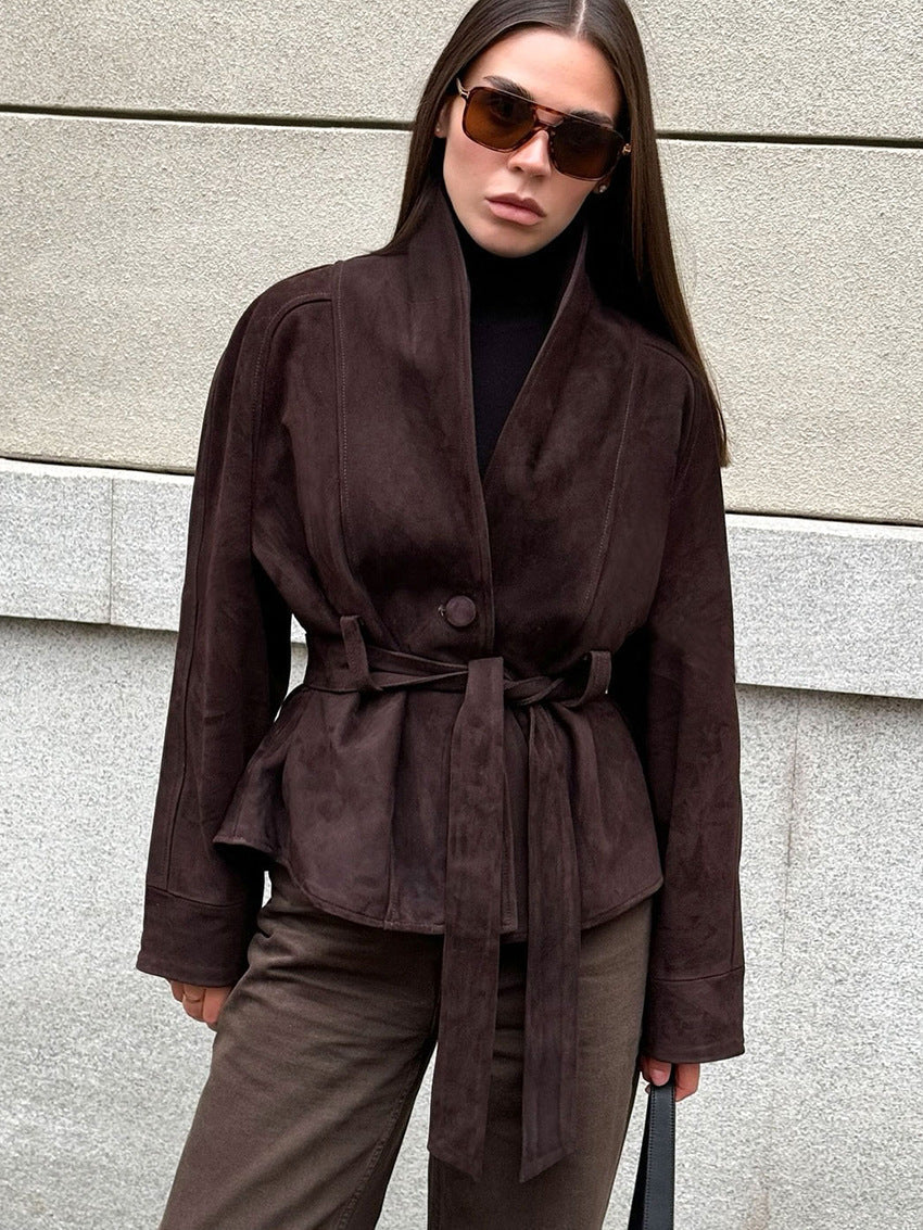 Deborah | Women's Belted Shawl Collar Faux Suede Trench Coat Jacket