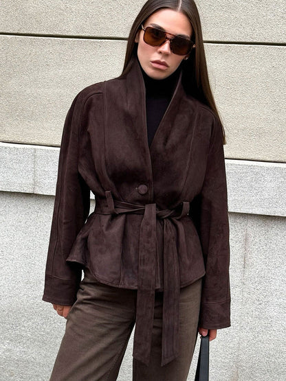 Deborah | Women's Belted Shawl Collar Faux Suede Trench Coat Jacket