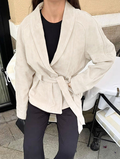 Deborah | Women's Belted Shawl Collar Faux Suede Trench Coat Jacket