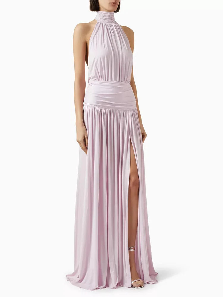 Dorien | Women's Halter Neck Pleated Slit Sleeveless Evening Party Maxi Dress