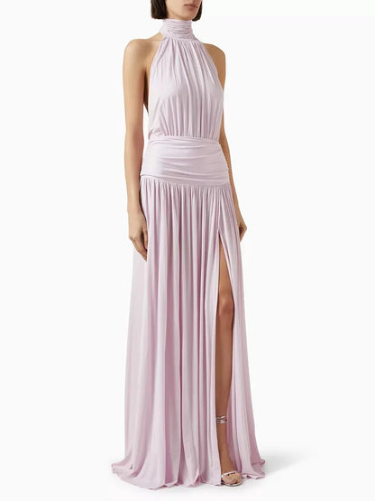 Dorien | Women's Halter Neck Pleated Slit Sleeveless Evening Party Maxi Dress
