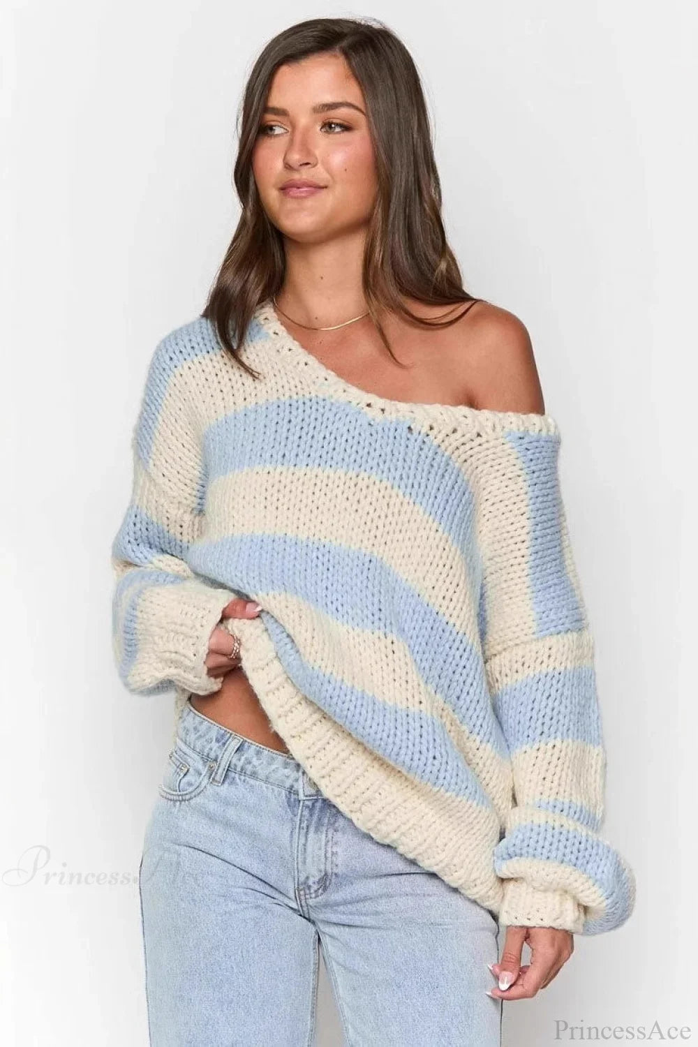 Elaina | Women's Oversized Striped Knit Off Shoulder Sweater