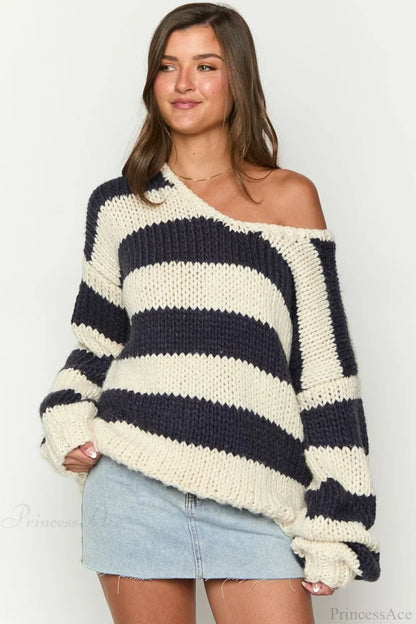 Elaina | Women's Oversized Striped Knit Off Shoulder Sweater
