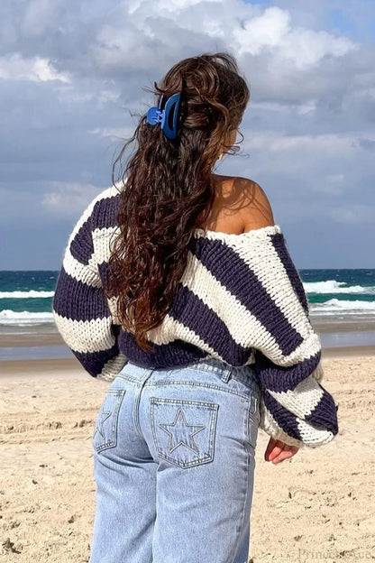 Elaina | Women's Oversized Striped Knit Off Shoulder Sweater