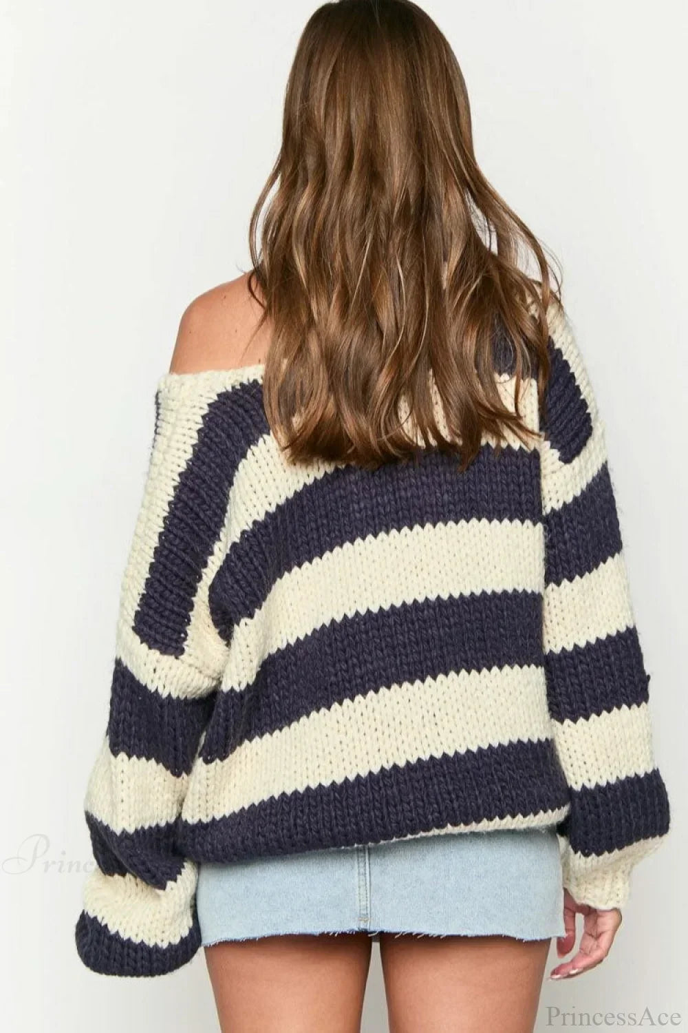 Elaina | Women's Oversized Striped Knit Off Shoulder Sweater