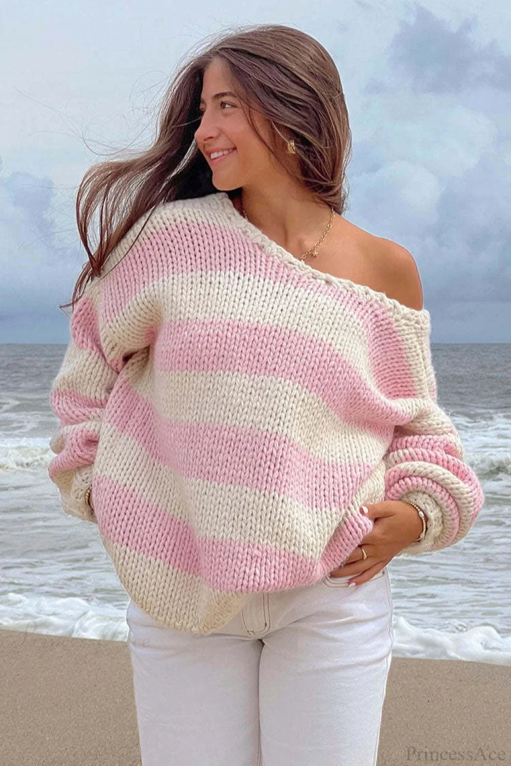 Elaina | Women's Oversized Striped Knit Off Shoulder Sweater