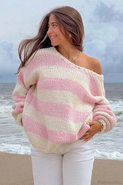 Elaina | Women's Oversized Striped Knit Off Shoulder Sweater