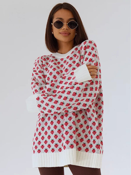 Emery | Women's Strawberry Print Oversized Knit Sweater