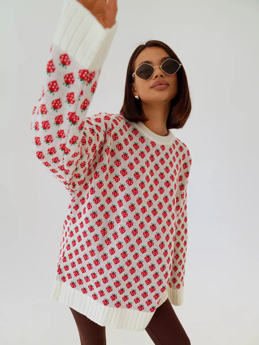 Emery | Women's Strawberry Print Oversized Knit Sweater