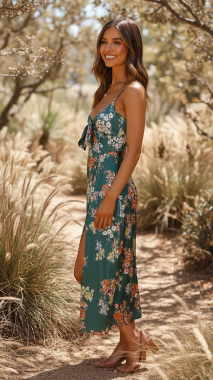 Evelina | Women's Floral Tie Front Sleeveless Slit Midi Summer Dress