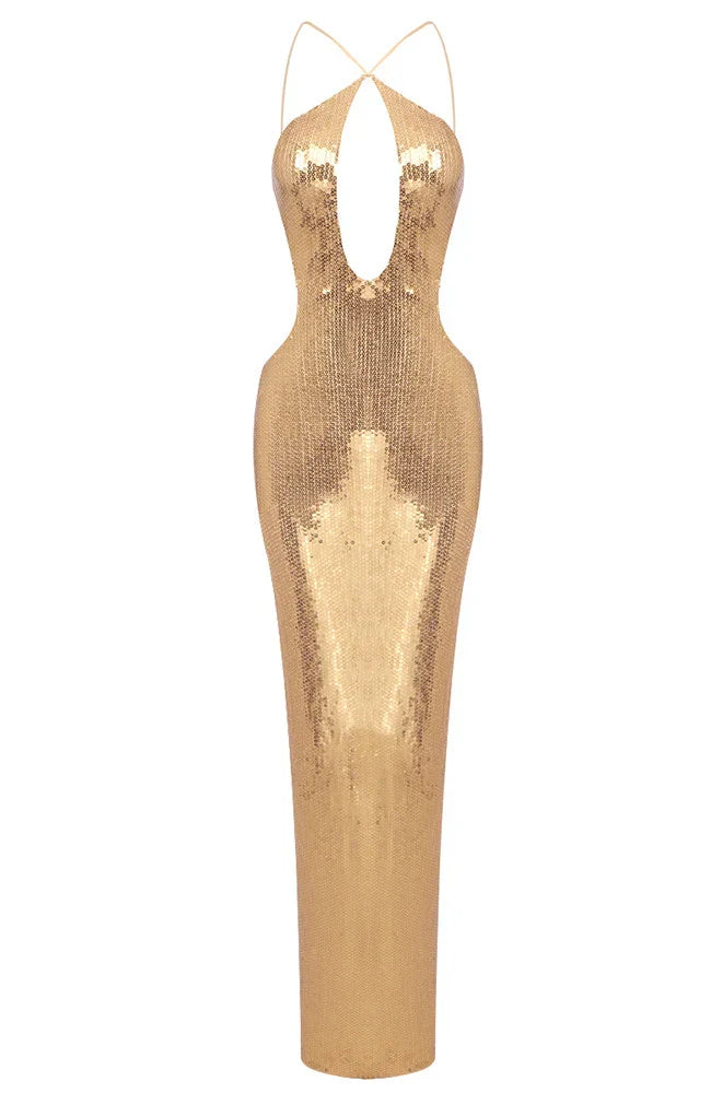 Evelynn | Women's Sequin Halter Front-Center Cut-Out Maxi Dress