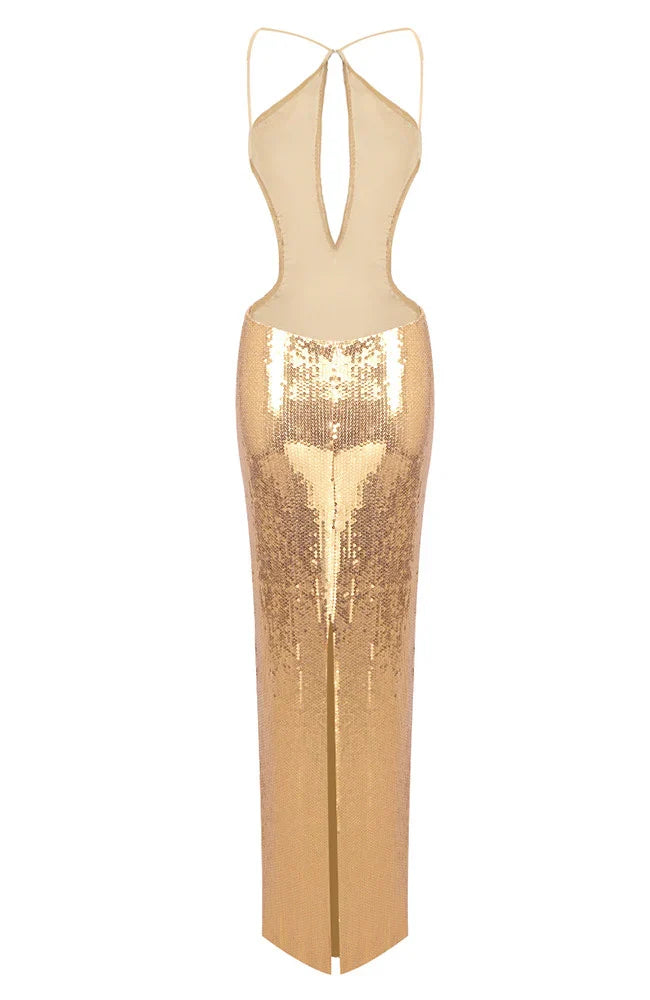 Evelynn | Women's Sequin Halter Front-Center Cut-Out Maxi Dress