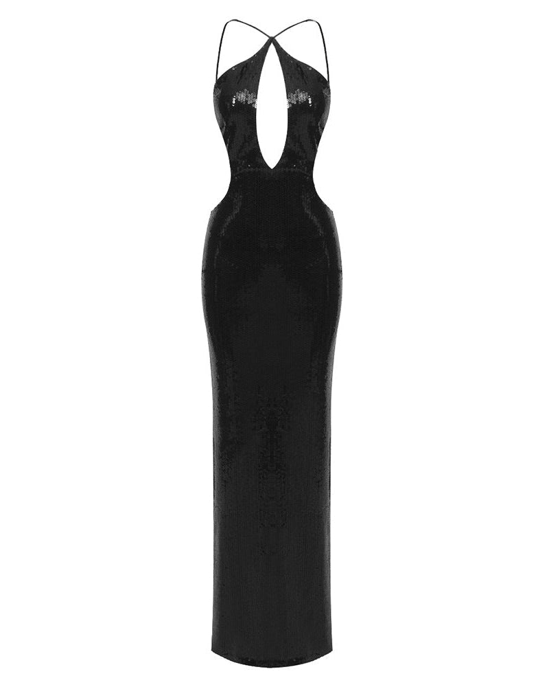 Evelynn | Women's Sequin Halter Front-Center Cut-Out Maxi Dress