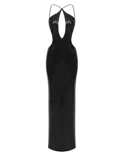 Evelynn | Women's Sequin Halter Front-Center Cut-Out Maxi Dress
