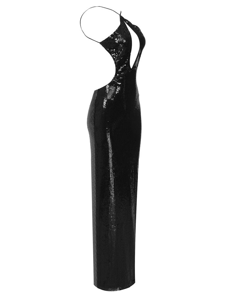 Evelynn | Women's Sequin Halter Front-Center Cut-Out Maxi Dress