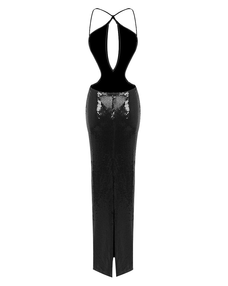 Evelynn | Women's Sequin Halter Front-Center Cut-Out Maxi Dress