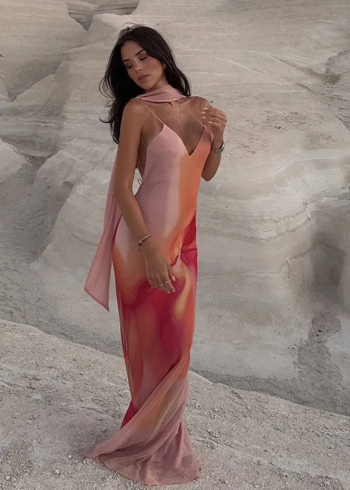 Fayah | Women's Open-Back Ombre Print Spaghetti Strap Satin Maxi Dress