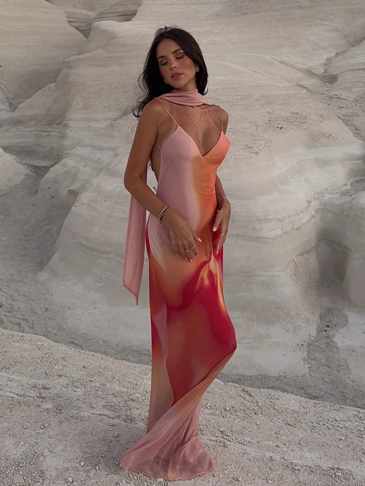 Fayah | Women's Open-Back Ombre Print Spaghetti Strap Satin Maxi Dress