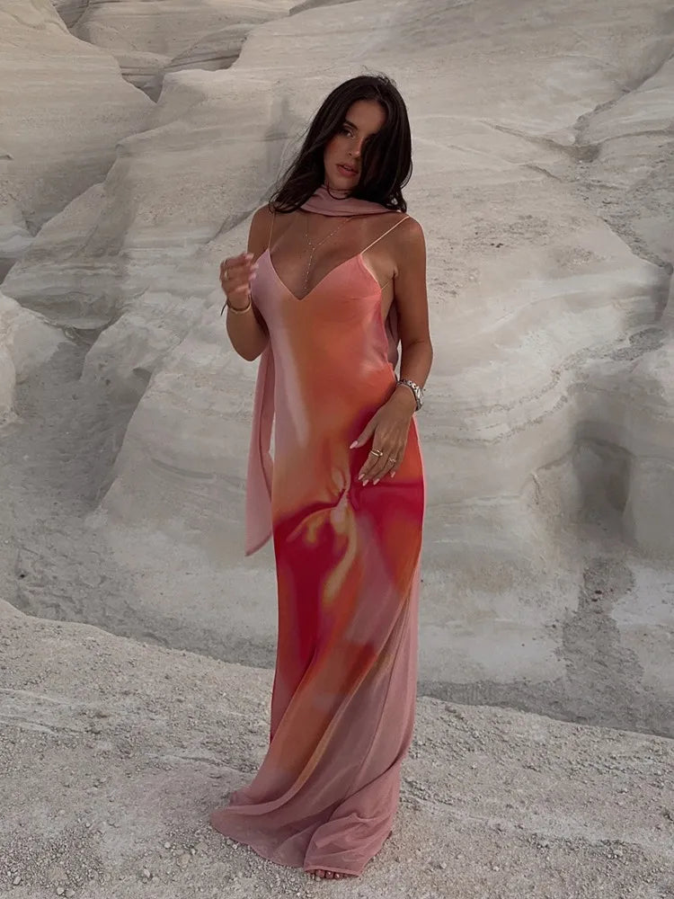 Fayah | Women's Open-Back Ombre Print Spaghetti Strap Satin Maxi Dress