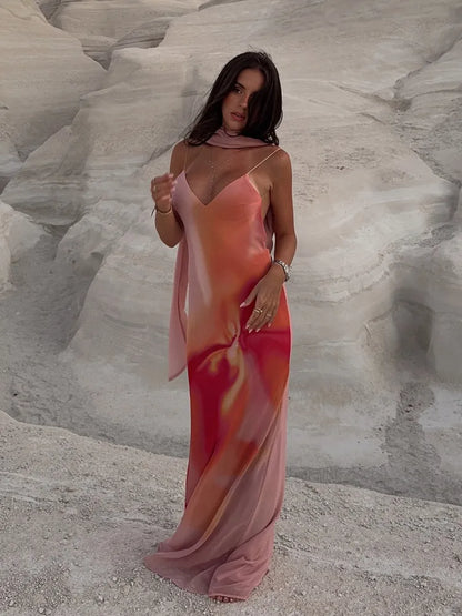 Fayah | Women's Open-Back Ombre Print Spaghetti Strap Satin Maxi Dress