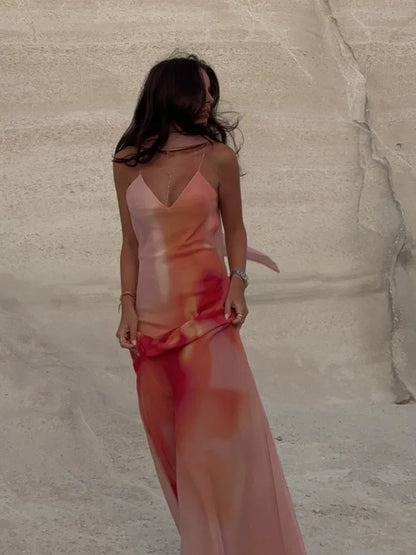 Fayah | Women's Open-Back Ombre Print Spaghetti Strap Satin Maxi Dress
