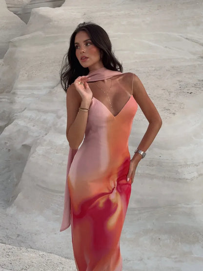 Fayah | Women's Open-Back Ombre Print Spaghetti Strap Satin Maxi Dress