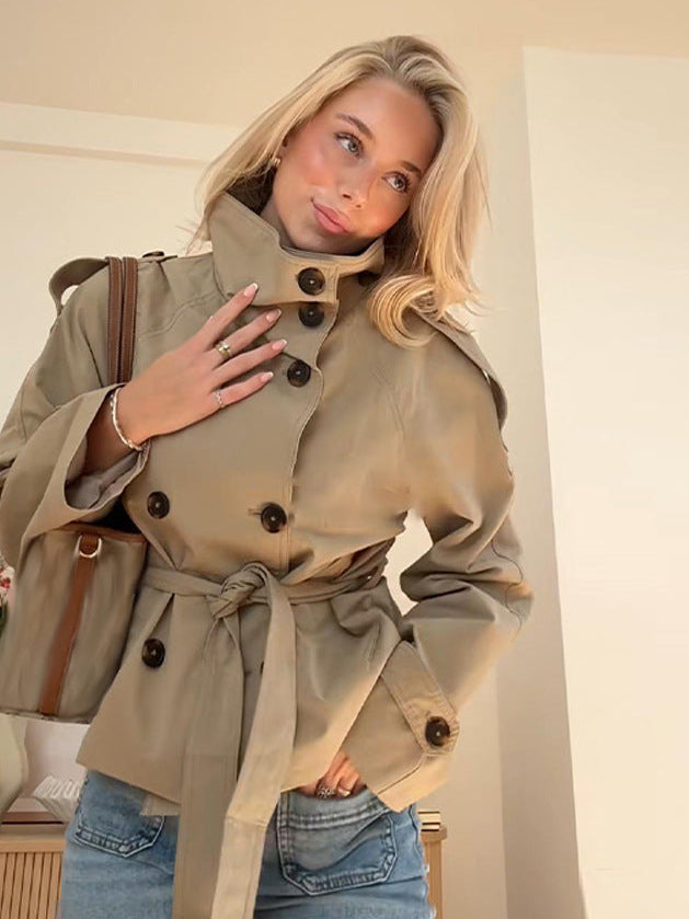 Gwyneth | Women's Double Breasted Belted Turtle Neck Trench Coat Jacket