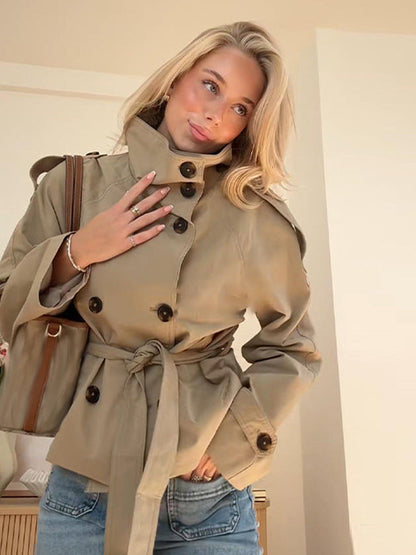 Gwyneth | Women's Double Breasted Belted Turtle Neck Trench Coat Jacket