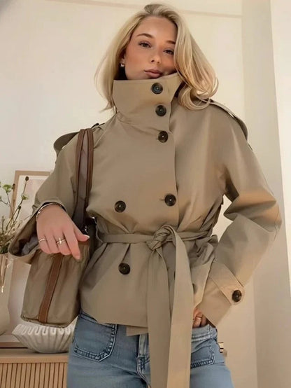 Gwyneth | Women's Double Breasted Belted Turtle Neck Trench Coat Jacket
