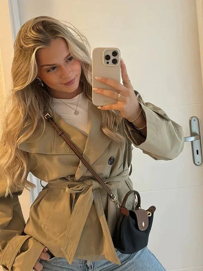 Gwyneth | Women's Double Breasted Belted Turtle Neck Trench Coat Jacket