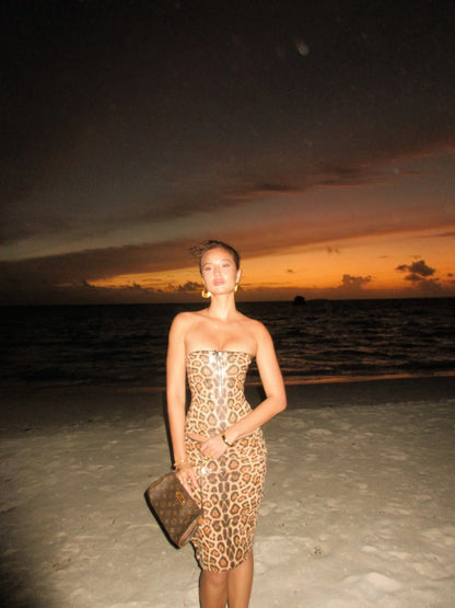 Helena | Women's Sequin Leopard Low-Rise Bodycon Skirt Two-Piece Set
